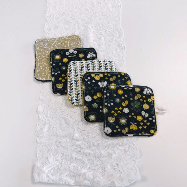 Lot de 5 lingettes fleuries Bleu marine, moutarde et beige